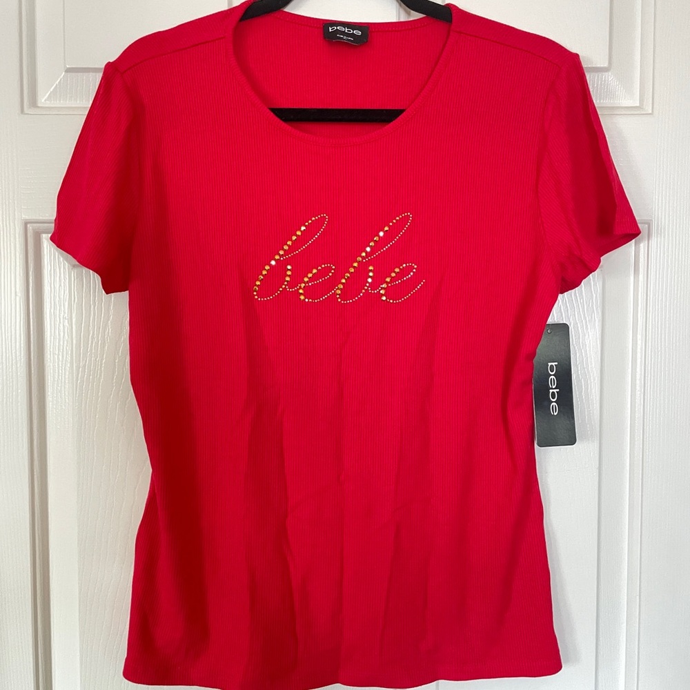 bebe Logo Short Sleeve Rib Round Neck Top – Women’s XL Red (NWT)